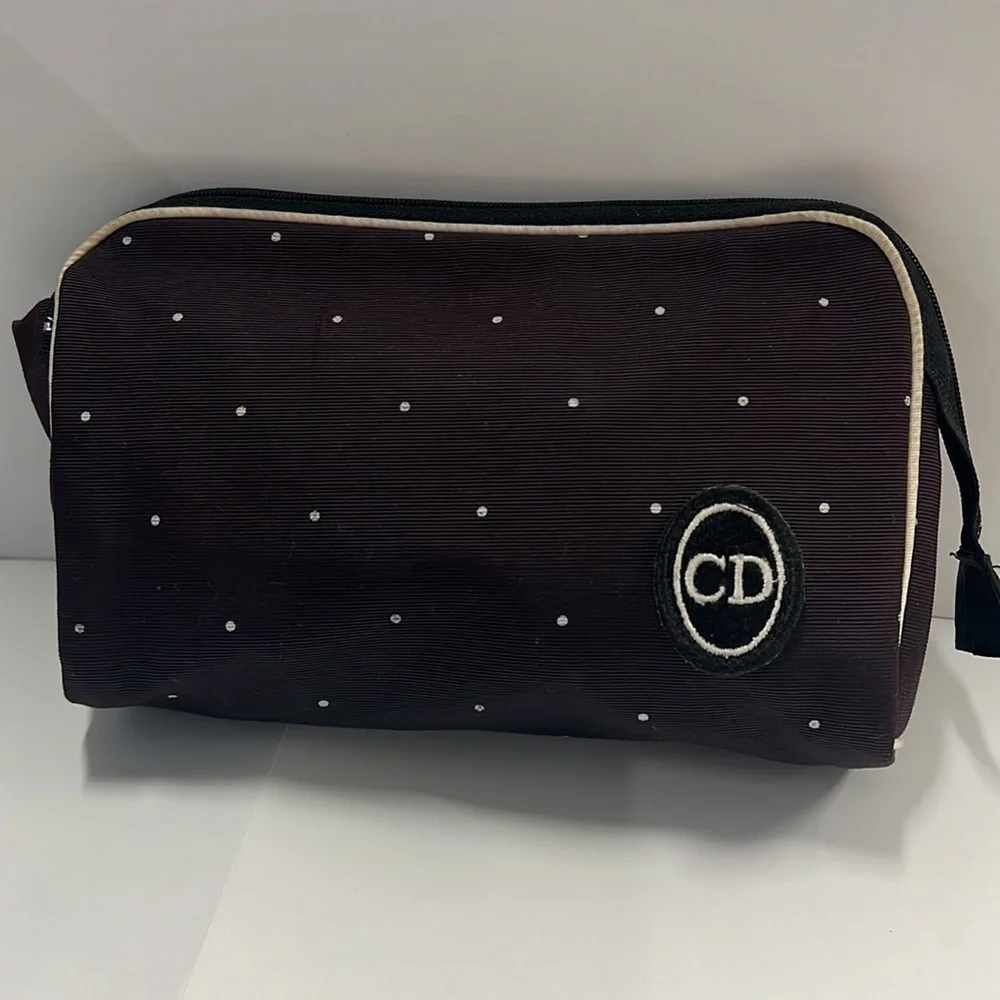 Christian Dior Vintage Polka Dot Dark Brown Canvas Zipper Clutch Make Up Bag